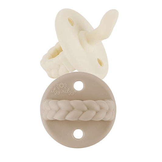 Itzy Ritzy Sweetie Chupetes ortodónticos de silicona con mango plegable y dos orificios de aire para mayor seguridad, juego de 2 pulgadas crema de mantequilla y tostadas, para edades de 0 a 6 meses