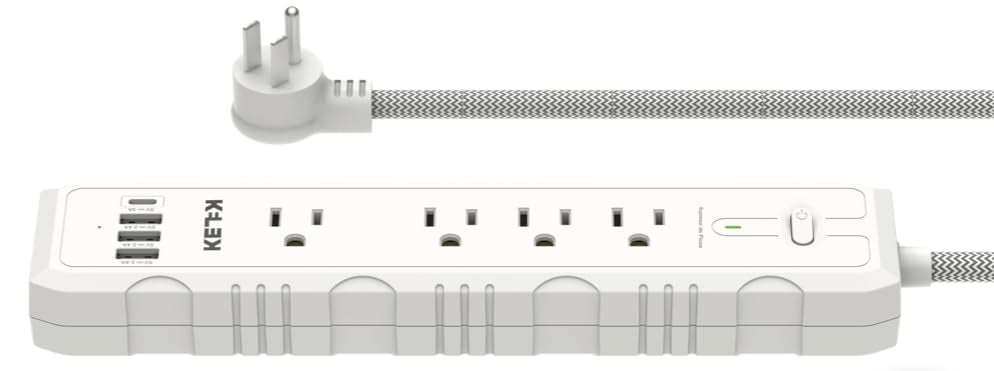 Multicontacto KELEK Blanco con 4 Salidas 127AC, 3 USB-A, 1 USB-C y Supresor de Picos con Extensión Flexible