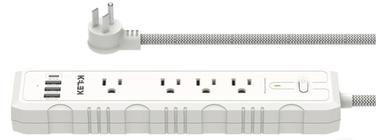 Multicontacto KELEK Blanco con 4 Salidas 127AC, 3 USB-A, 1 USB-C y Supresor de Picos con Extensión Flexible