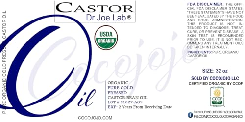 Castor Oil 32 oz USDA Organic Certified Cold-Pressed, 100% Pure, Hexane-Free Castor Oil - Ricinus Communis Moisturizing For Dry Skin Hair Care Eyelash