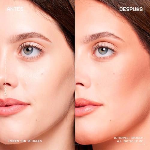 NYX Professional Makeup, Buttermelt Bronzer, Tono: All Butta D Up (café cacao). Bronceador cremoso en polvo infusionado con manteca de karité, mango y almendras, hasta 12hrs de uso, no se desvanece, resistente a transferencias. Fórmula vegana.