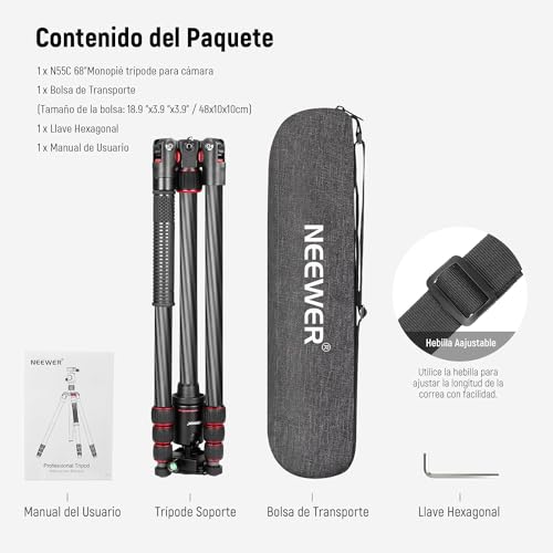 Trípode Monopie Neewer Negro Ligero con Rótula Giratoria 360° y Nivel de Burbuja 168cm para Cámara