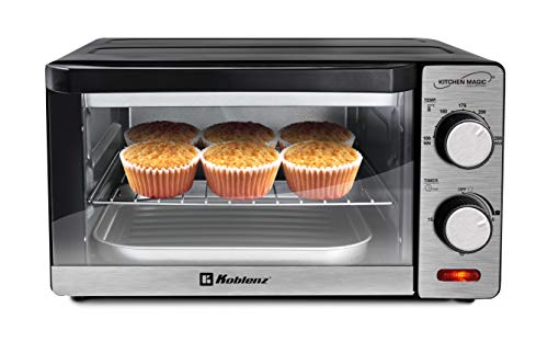 Koblenz Horno Tostador Eléctrico Koblenz de 4 Rebanadas, 10 Litros, Timer de 15 Minutos, Asa, Gratina, Dora, Tuesta y Calienta, 1000 W, 2 Accesorios, Acero Inoxidable (HKM-1000)