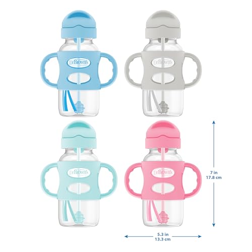 Botellas Con Sorbete de Cuello Ancho Dr. Brown's Grises y Verdes con Mangos de Silicona 9oz 2-Pack