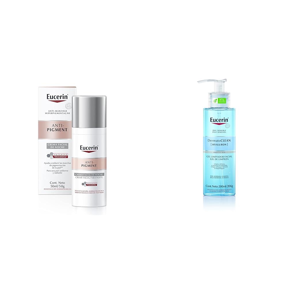 Eucerin Crema facial hidratante noche anti manchas Anti Pigment, 50ml + Gel Limpiador Facial DermatoClean para piel normal a mixta, 200ml, empaque puede variar