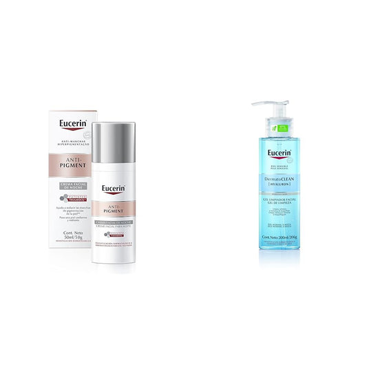 Eucerin Crema facial hidratante noche anti manchas Anti Pigment, 50ml + Gel Limpiador Facial DermatoClean para piel normal a mixta, 200ml, empaque puede variar