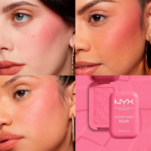 NYX Professional Makeup, Buttermelt Blush, Tono: For the Butta (rosa). Rubor cremoso en polvo infusionado con manteca de karité, mango y almendras, hasta 12hrs de uso, no se desvanece, resistente a transferencias. Fórmula vegana.