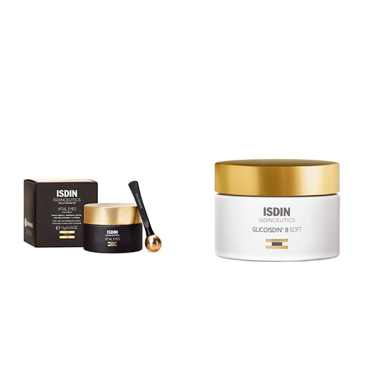 ISDIN Isdinceutics vital eyes, crema contorno de ojos antiarrugas, con melatonina y cafeina, 15 ml + ceutics Glico 8 Soft, Crema Facial Antiedad con Ácido Glicólico y Efecto Peeling, 50ml