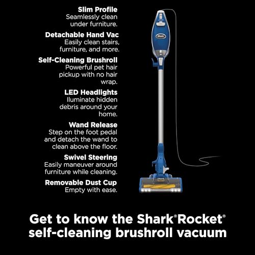 Aspiradora Shark Rocket Azul Ligera con Cepillo Autolimpiable para Pelo de Mascotas y Convertible en Aspiradora de Mano