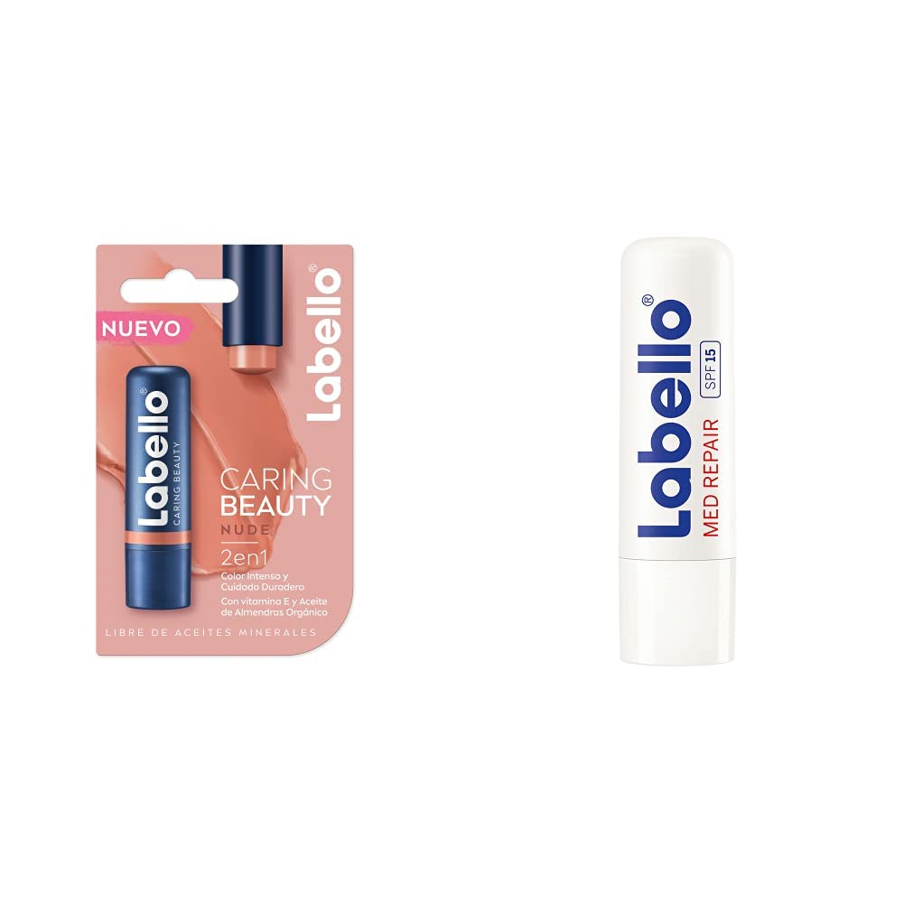 Labello Bálsamo Labial Caring Beauty Nude (4.8 g), Color Intenso y Cuidado Duradero con Vitamina E y Aceite de Almendras Orgánico + Bálsamo Labial Humectante Fps 15 Med Repair, color Med, 4.8 gram