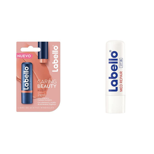 Labello Bálsamo Labial Caring Beauty Nude (4.8 g), Color Intenso y Cuidado Duradero con Vitamina E y Aceite de Almendras Orgánico + Bálsamo Labial Humectante Fps 15 Med Repair, color Med, 4.8 gram