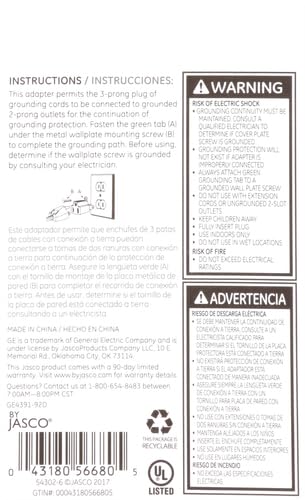 GE Extensor de toma de tierra polarizado, paquete de 2, convierte 2 puntas en 3, fácil de instalar, interior, con certificación UL, gris, 54302