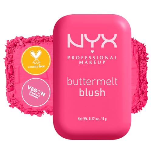 NYX Professional Makeup, Buttermelt Blush, Tono: Butta with Me (rosa pálido). Rubor cremoso en polvo infusionado con manteca de karité, mango y almendras, hasta 12hrs de uso, no se desvanece, resistente a transferencias. Fórmula vegana.
