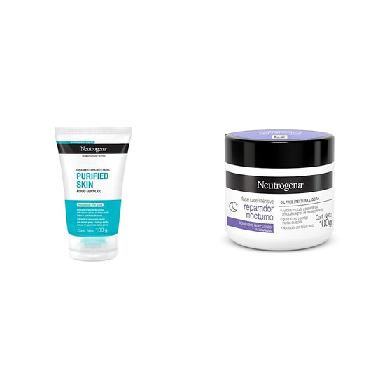 Exfoliante Facial Neutrogena Purified Skin Ácido glicólico 100 g, 1 + Crema Hidratante Facial Reparador Nocturno Face Care Intensive Colageno 100g