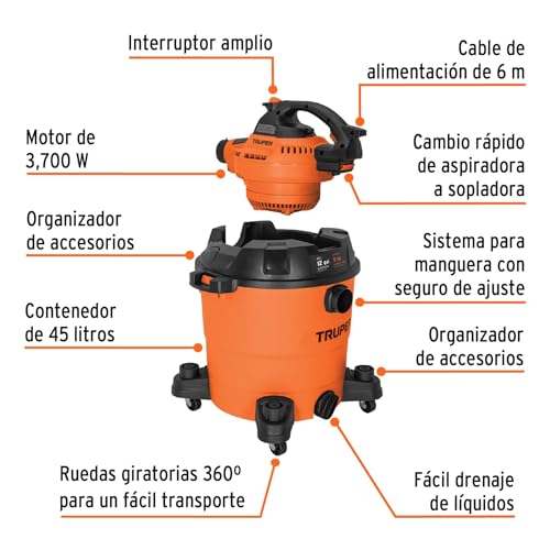 Aspiradora Truper ASP-12S 12 Galones con Soplador Desmontable para Sólidos y Líquidos