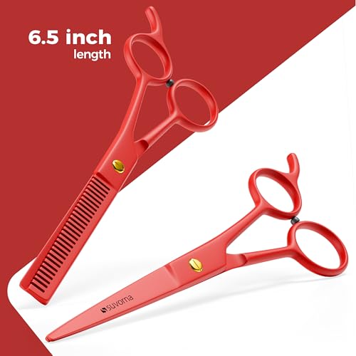 Suvorna Juego de tijeras de corte de pelo de 6,5 pulgadas con tijeras de adelgazamiento para peluqueros, peluqueros, uso doméstico - Juego de tijeras de pelo para adelgazar y cortar (rojo)