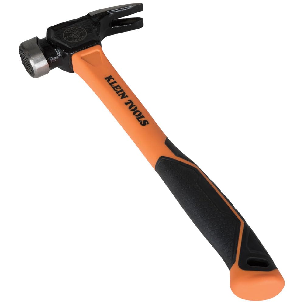 Klein Tools 832-26 Martillo fresado, mango de fibra de vidrio, resistente para postes de utilidad, cara fresada, color naranja de alta visibilidad