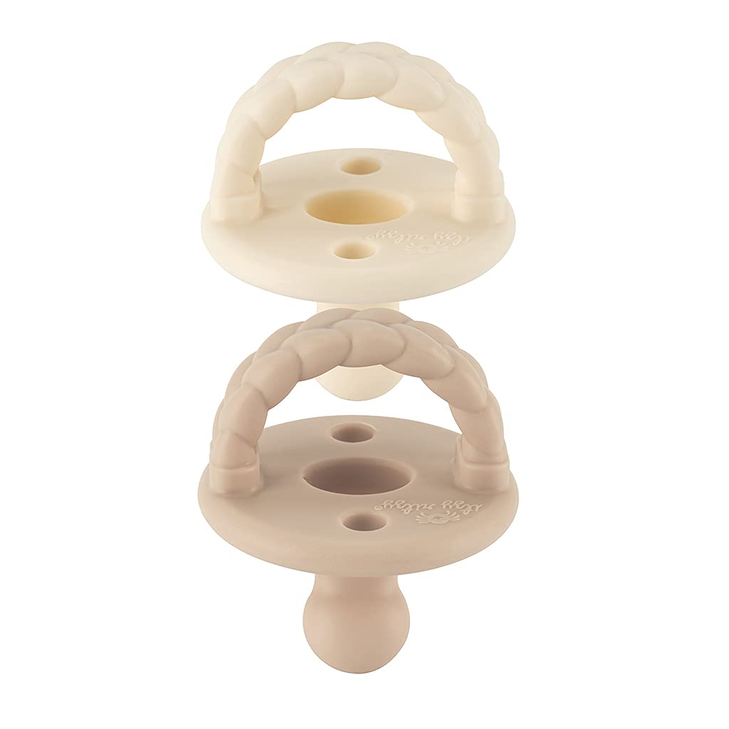 Itzy Ritzy Sweetie Chupetes ortodónticos de silicona con mango plegable y dos orificios de aire para mayor seguridad, juego de 2 pulgadas crema de mantequilla y tostadas, para edades de 0 a 6 meses
