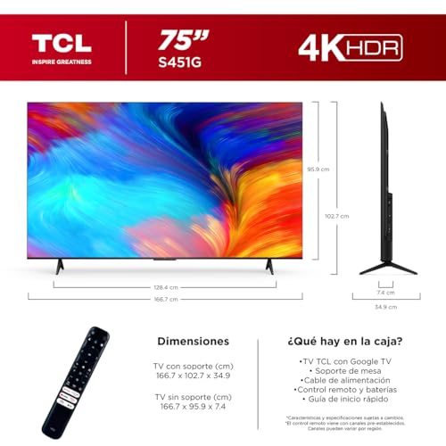 TCL Smart TV Pantalla 75" 75S451G Google TV 4K UHD Ultra HD | HDR 10 | 330 NITS 60 Hz | Dolby Audio Digital + | Compatible con Alexa
