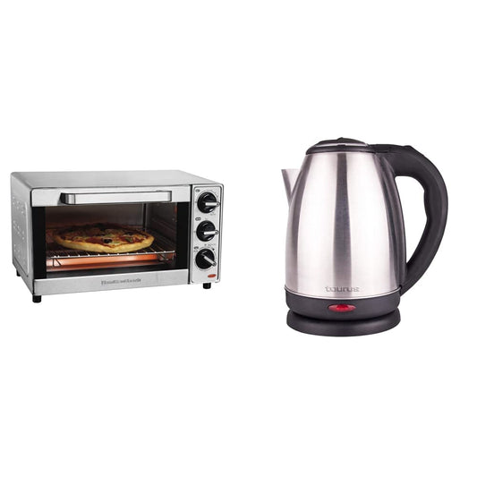 Hamilton Beach 31401 Horno Tostador Eléctrico de 4 Rebanadas (12 Litros), Acero Inoxidable + Taurus Hervidor de Agua Caronte, 2 Lt, 1000 W,, Chico, Plata
