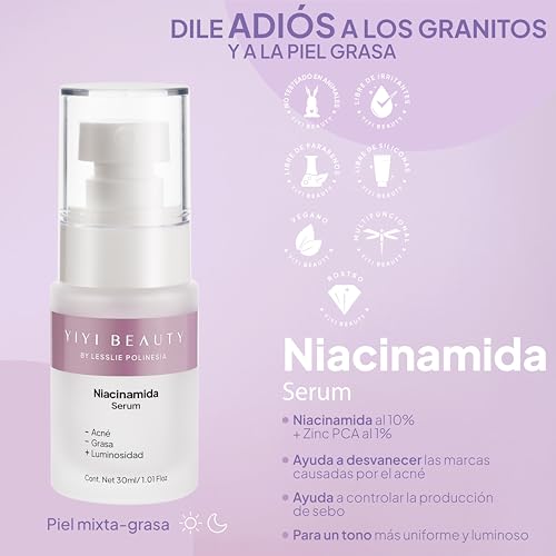 YIYI Beauty by Lesslie Polinesia Suero Facial Niacinamida concentrado de ingredientes activos que ayudan a desvanecer marcas causadas por el acné y a controlar la producción de sebo. Ayuda a hidratar y unificar el tono de la piel para lograr un aspecto un
