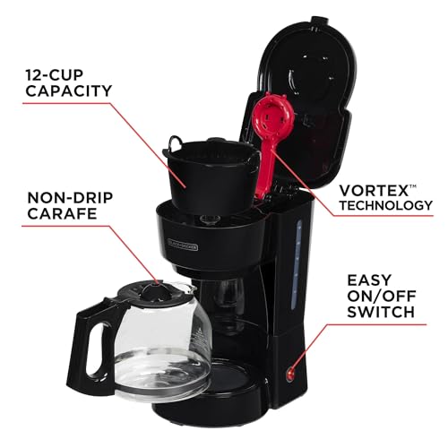 BLACK+DECKER CM0915BKD - Cafetera de 12 tazas con interruptor de fácil encendido/apagado, jarra de fácil vertido, sin goteo con cesta de filtro extraíble, color negro