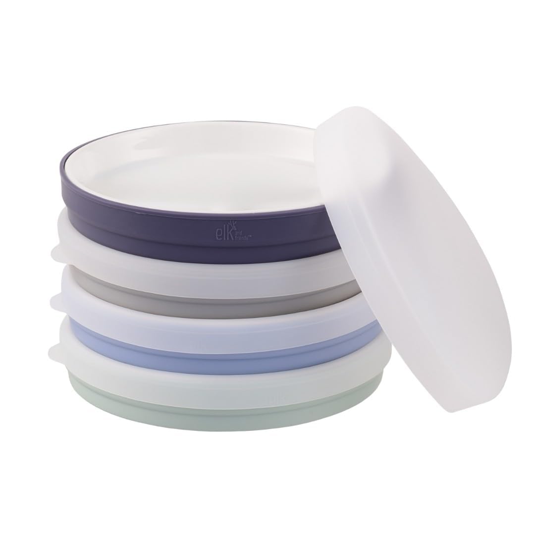 Elk and Friends Kids - Platos blancos de porcelana de 7.8 pulgadas con mangas de silicona + tapas, adecuados para bebés/niños pequeños, aptos para microondas y lavaplatos, vajilla antideslizante