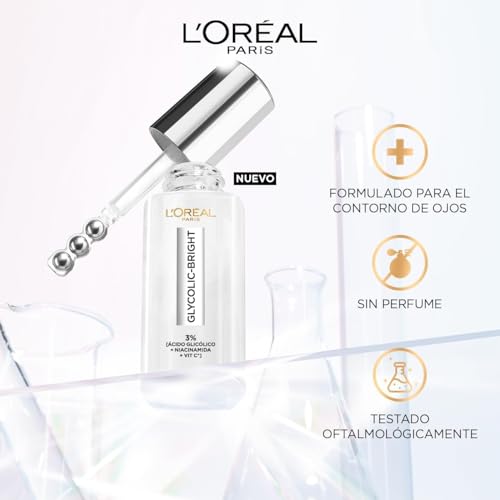 L'Oréal Paris Sérum de Ojos anti-ojeras Glycolic Bright, 30ml - con Ácido Glicólico y Niacinamida, reduce ojeras, mirada radiante en 6 días*, combate todo tipo de manchas