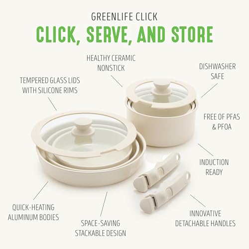 GreenLife - Juego de 10 ollas y sartenes de cerámica, antiadherentes, desmontables y apilables, sartenes de cocina de inducción, ahorro de espacio con mango extraíble, apto para horno, no tóxico, sin