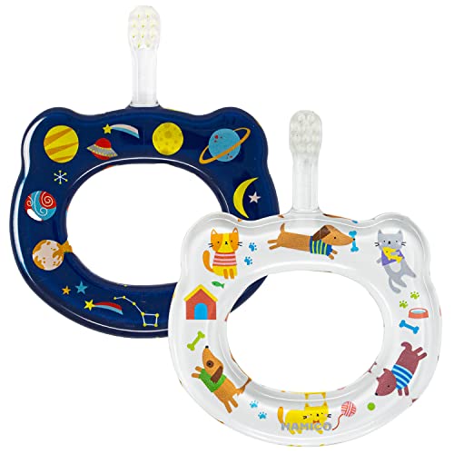 HAMICO - cepillo para polvo de dientes para bebé, cerdas suaves y extra suaves para el primer cepillo para polvo de dientes del bebé, cepillo para polvo de dientes para bebés sin sobrealcance, sin BPA, registro de bebés (espacio y gatos y perros)