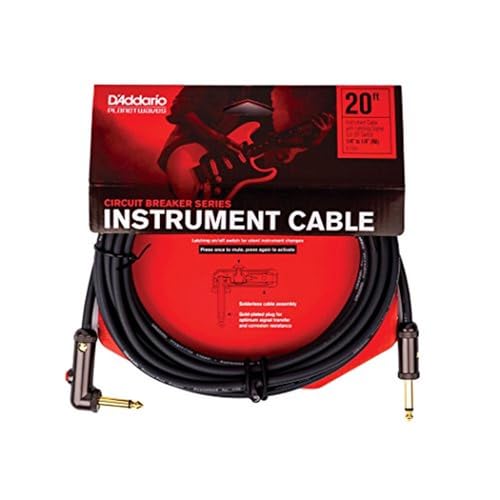 D'Addario Guitar Cable - Guitar Lead - Circuit Breaker Cable - Latching Cut-Off Switch to Mute When Changing Instrument - 20 Feet/7.62 Meters - Straight Ends/Right Angle - 1 Pack