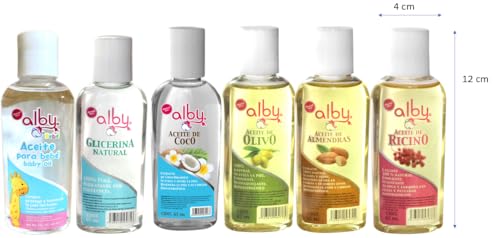 Pack de 6 Aceites Corporales Alby con Almohadilla Facial y Pads Desmaquillantes - Elimina Estrías, Estimula el Crecimiento de Pestañas, Hidrata y Suaviza la Piel - Limpieza Facial y Cuidado Personal - Almohadillas de Algodón.