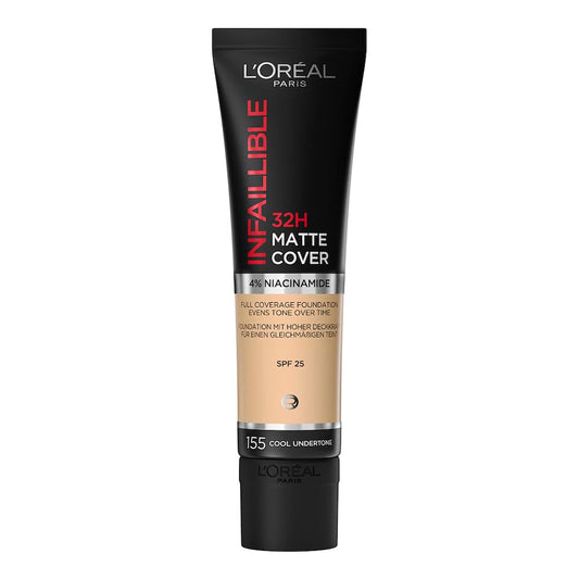 L'Oréal Paris, base de maquillaje de alta cobertura matte y larga duración, Infallible 32h Matte Cover, Tono 155