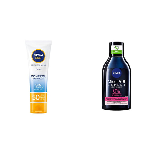 NIVEA SUN Protector Solar Facial Control De Brillo (50 ml), con Efecto Matificante de Larga Duración + Agua Micelar Desmaquillante Todo en uno (400 ml)