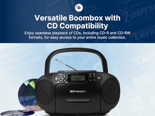Reproductor de CD Portátil Emerson Negro con Cassette, Grabadora de Cinta, Radio AM/FM y Altavoces Duales