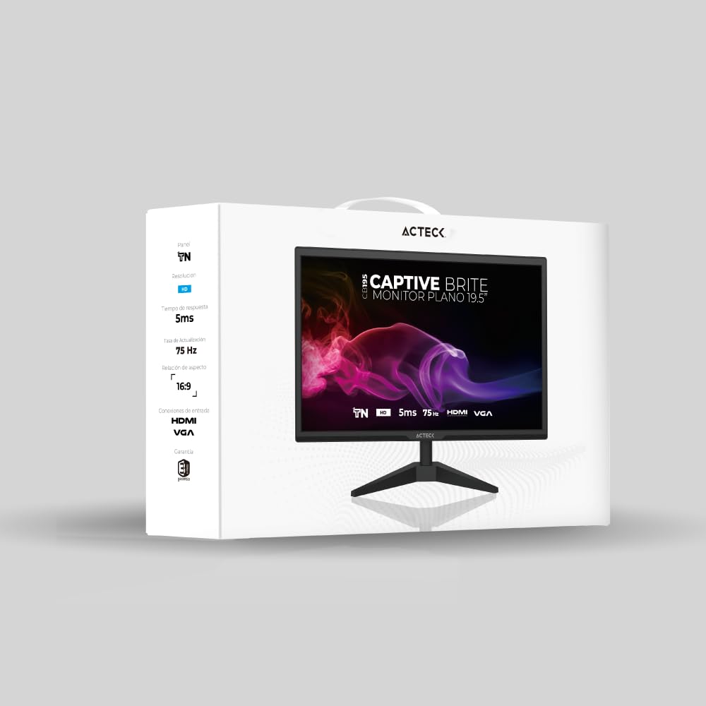 Monitor Plano 19.5" TN/Captive Brite CB195 / HD / 75Hz-60Hz / 5ms / 1xVGA / 1xHDMI / Vesa 75 x 75 mm/Negro