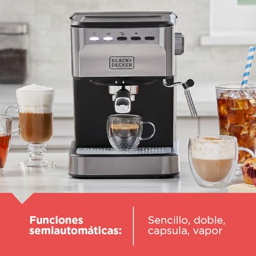 BLACK+DECKER Máquina de Espresso Semi Automática, 20 Bares, Compatible Cápsulas Nespresso y Café Molido, EM0312-0SDLA