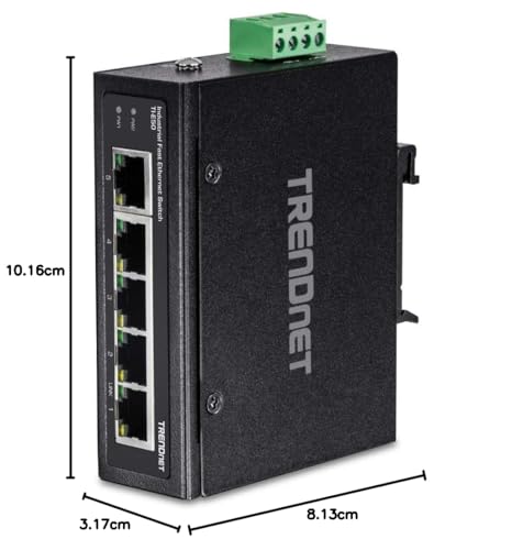 TRENDnet 5-Port Industrial Unmanaged Fast Ethernet DIN-Rail Switch, 5 x Fast Ethernet Ports, IP30, Operating Temperature Range of -40° – 75°C (-40° – 167°F), Lifetime Protection, Black, TI-E50