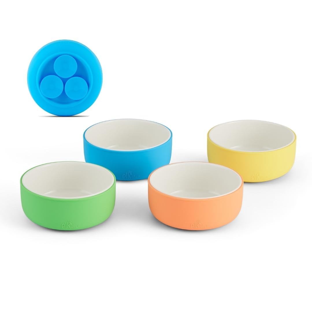Elk and Friends Cuencos de porcelana para niños con manga de succión de silicona | Alimentación para niños/bebés/niños pequeños | Apto para microondas y lavavajillas | Antideslizante | Platos y
