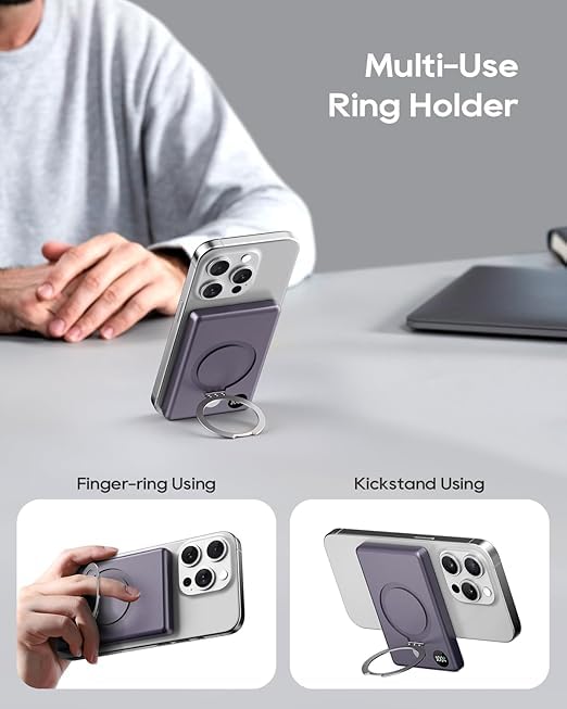 KuuLaa Power Bank 10000mAh, Batería Portátil Inalámbrica con Pantalla LED, Soporte Plegable, Carga Rápida PD 20W USB-C, Compatible con iPhone 16/15/14/13/12/Pro/Mini/Pro MAX (Violeta Oscuro)