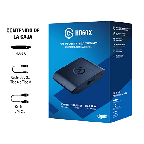 Elgato HD60 X - Haz Streaming y graba a 1080p60 HDR10 o 4K30 con latencia ultrabaja en PS5|Pro, PS4|Pro, Xbox Series X|S, Xbox One X|S, Nintendo Switch 2, en OBS y Otros, Funciona con PC y Mac