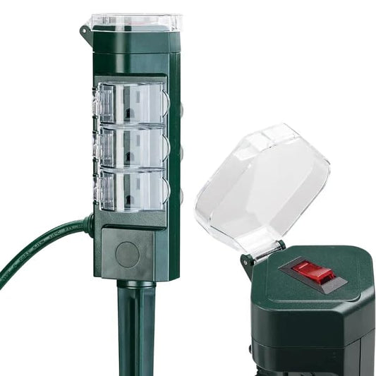 HBN Regleta Exterior con Estaca y Cable de Extensión de 6 pies, Múltiples Tomas con 6 Enchufes a Tierra, Cable Impermeable para Luces de Navidad y Exteriores, Certificación ETL