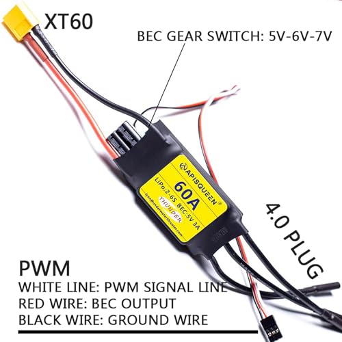 Esc APISQUEEN 60A Eléctrico XT60 Enchufe 4.0mm para Drones RC Sin Escobillas y Propulsor Subacuático