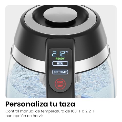 Chefman Hervidor eléctrico con control de temperatura, infusor de té extraíble, 5 luces indicadoras LED preestablecidas, base giratoria de 360°, sin BPA, acero inoxidable, 1,8 litros