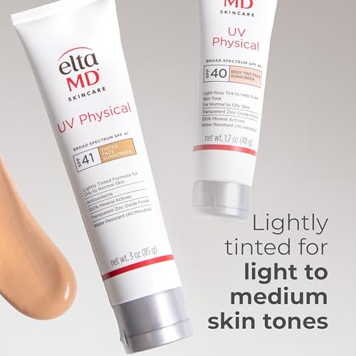 EltaMD UV Physical Tinted Broad-Spectrum SPF 41, Protector solar, Fórmula de óxido de zinc a base de minerales, resistente al agua, sin aceite, recomendada por dermatólogos, 85g