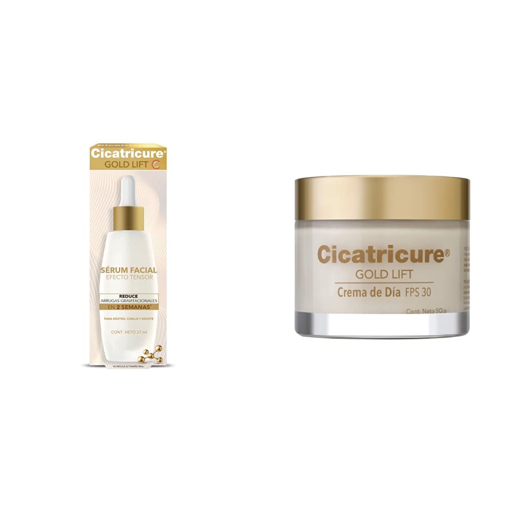 Cicatricure GOLD LIFT Serum Facial con EFECTO TENSOR para rostro cuello y escote + Crema de Día reduce arrugas gravitacionales mejora la elasticidad y producción de colágeno
