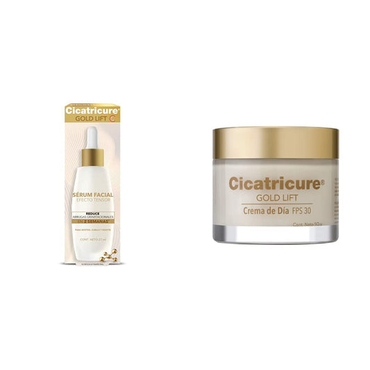 Cicatricure GOLD LIFT Serum Facial con EFECTO TENSOR para rostro cuello y escote + Crema de Día reduce arrugas gravitacionales mejora la elasticidad y producción de colágeno
