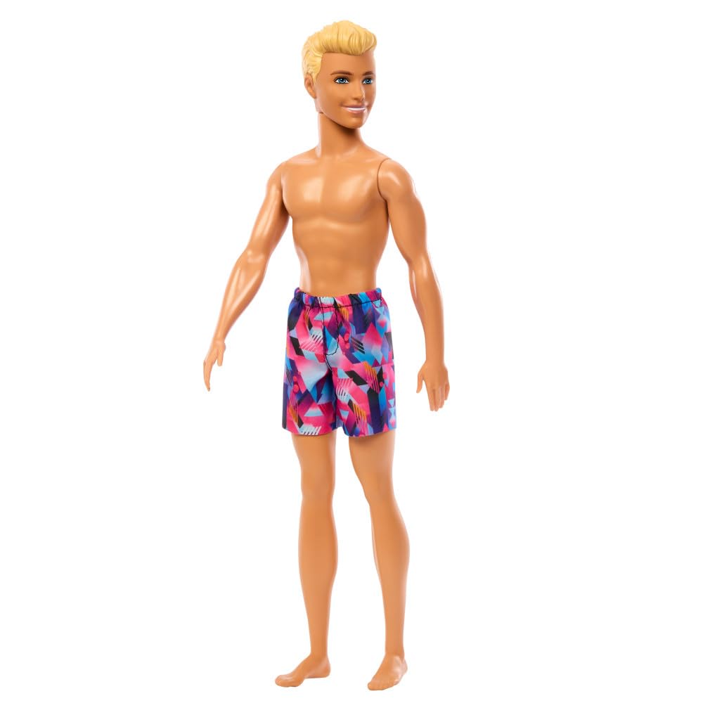 Barbie Fashion & Beauty Muñeco Ken de Playa con Traje de Baño Rosa y Azul para niñas de 3 años en adelante