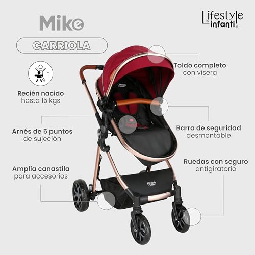 INFANTI | Carriola para Bebe MIKE Vino | Carreola con Portabebé - Carriola de Viaje Plegable - Carrito para Bebe Travel System con Asiento Reversible | Cosas para Bebes Recien Nacidos hasta 15 kg