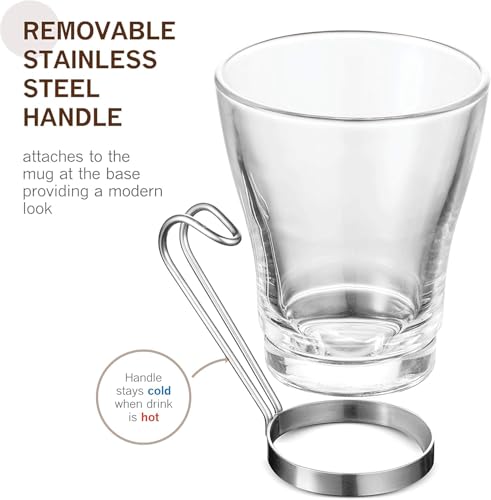 Bormioli Rocco Oslo - Vasos de vidrio para Cappuccino, juego de 4 | Vidrio templado, manijas ergonómicas de acero inoxidable, aptas para lavavajillas | Para bebidas de café, bebidas, Latte, Macchiato, Espresso, Mocha y más